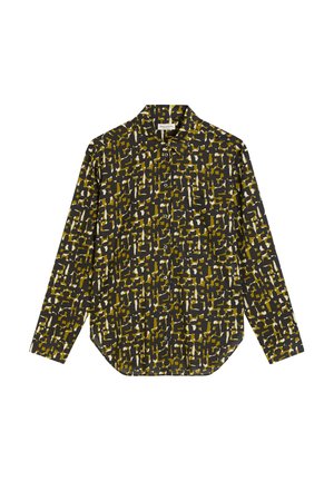 Lange mouwen shirt in donkere stof met een geel en wit abstract geometrisch patroon. Klassieke kraag en knopenlijst aan de voorkant.