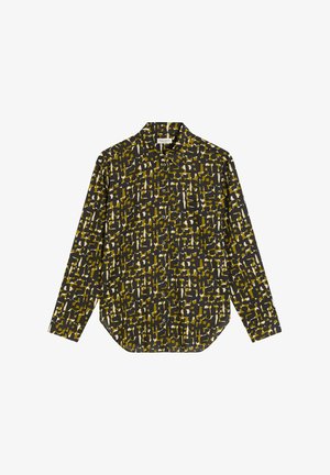 Chemise à manches longues en tissu sombre avec un motif géométrique abstrait jaune et blanc. Col classique et boutonnière à l'avant.