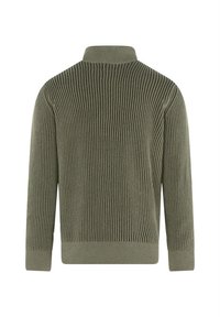 Olivgrüner, gerippter Strickpullover mit hohem Kragen, langen Ärmeln und strukturierter Stoffoberfläche. Saum und Bündchen sind sauber verarbeitet.