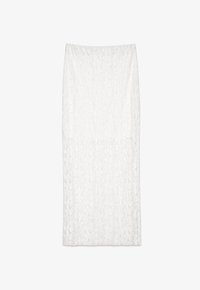 Falda blanca de lápiz con un patrón de encaje floral, textura suave y un diseño ajustado con un dobladillo recto.