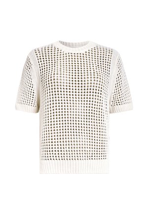Sweter z krótkim rękawem wykonany z dzianiny w jasnym beżu, z otwartym, perforowanym wzorem i prążkowanymi brzegami. Posiada klasyczny okrągły dekolt.