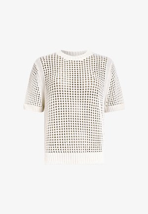 Lyhythihainen neulepaita vaaleassa beessissä, jossa on avoin, rei'itetty kuvio ja ribbireunat. Sisältää klassisen pyöreän kaula-aukon.