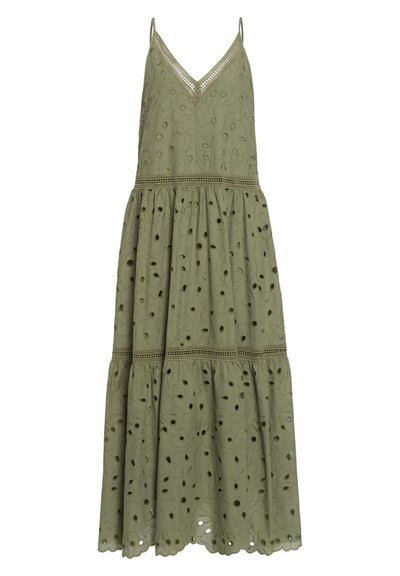 Rochie verde măsliniu cu decolteu în V, bretele spaghetti ajustabile, broderie florală și fustă cu volane cu detalii decupate la margine.