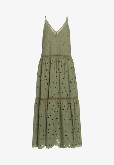 Olive green dress with a V-neck, adjustable spaghetti straps, floral embroidery, and a tiered skirt with cut-out details at the hem.