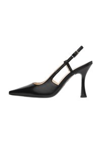 Escarpin en cuir noir, à bride arrière, avec un bout pointu, des côtés ouverts et un talon fin. Fermeture à boucle à la cheville. Texture lisse et design épuré.