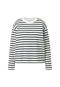 Camicetta a maniche lunghe a righe bianche e nere con scollo rotondo, vestibilità comoda e materiale in cotone morbido. Le righe orizzontali sono di larghezza uniforme.
