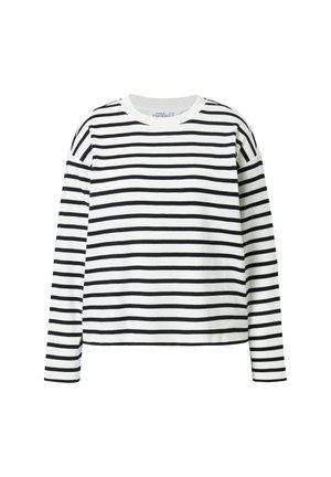 Chemise à manches longues rayée noir et blanc avec un col rond, coupe décontractée et en coton doux. Les rayures horizontales sont de largeur uniforme.