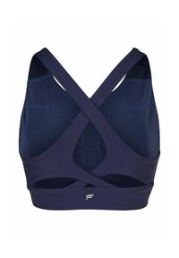 Marinefarbener Sport-BH mit überkreuzten Trägern, aus glattem, dehnbarem Material. Verfügt über Cut-out-Details und ein Logo am unteren Bund.