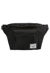 Černá plátěná ledvinka s hlavním zippered prostorem, přední zipovou kapsou a bílou značkovou nášivkou. Vyznačuje se elegantním designem a texturovanou tkaninou.