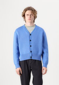 Cardigan albastru din material tricotat, cu decolteu în V, șase butoane pe față și manșete și tiv rib. Purtați peste un tricou gri.