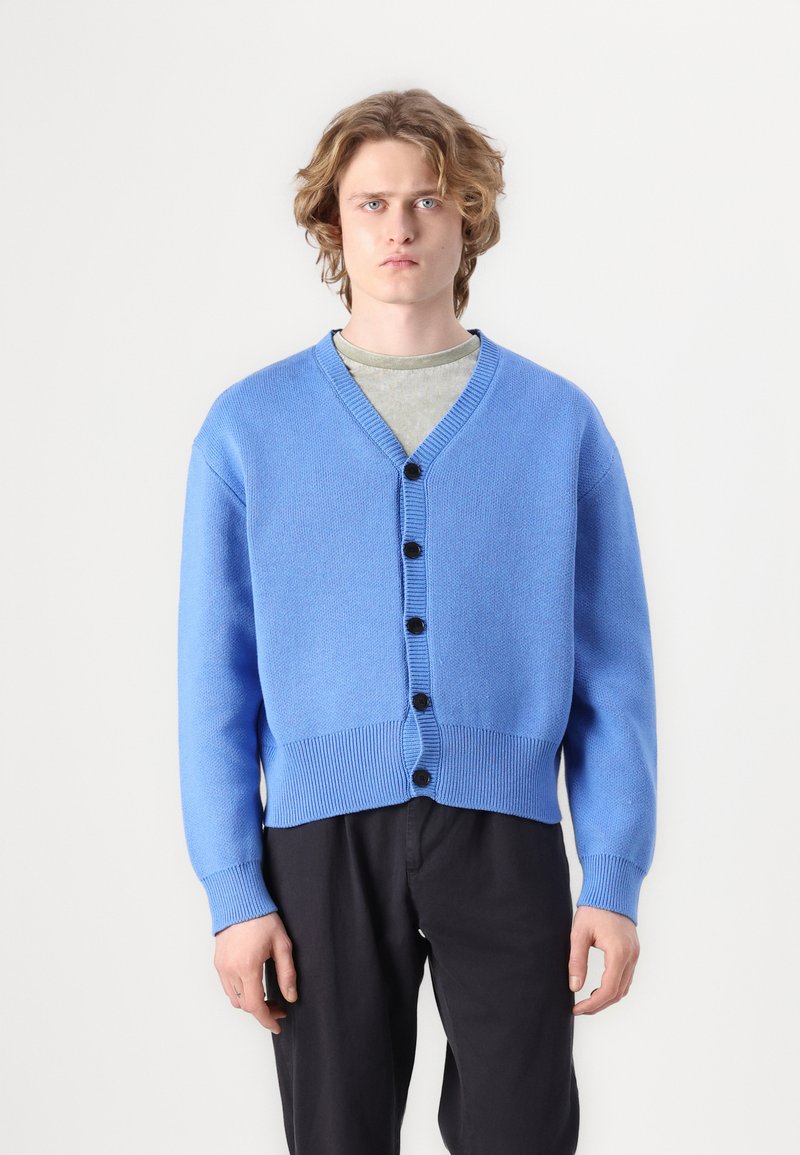 Cardigan albastru din material tricotat, cu decolteu în V, șase butoane pe față și manșete și tiv rib. Purtați peste un tricou gri.