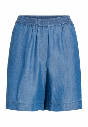 Modré riflové šortky s elastickým pásom a prešitým lemom, voľného strihu bez viditeľných vreciek či ozdôb.