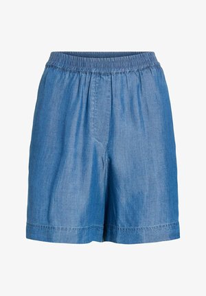 Kék farmer rövidnadrág rugalmas derékrésszel és varrott szegéllyel, laza szabással, látható zsebek és díszítések nélkül.