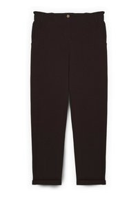 Schwarze Hosen aus gewebtem Stoff mit einem Bund mit Knopfverschluss, vorderen Taschen und umgeschlagenen Bündchen.