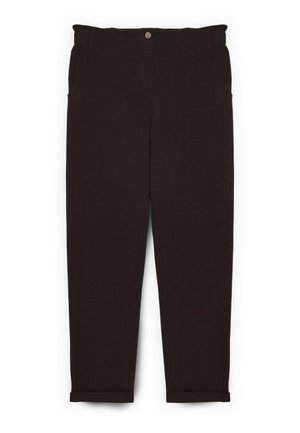 Pantalones negros de tela tejida, con una cintura con cierre de botón, bolsillos delanteros y puños remangados.