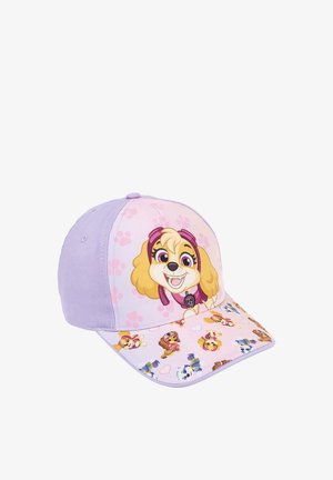 Cap mit einem Farbdesign in Pink und Lavendel, auf der Vorderseite mit einem Cartoon-Hund und verschiedenen Hundemustern auf dem Schirm. Aus Stoff gefertigt.