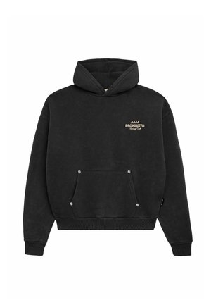 Sweat à capuche noir en tissu doux, avec une poche avant, un ourlet et des poignets côtelés, avec le texte « PROHIBITED » en doré clair.