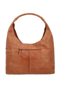 Brown leather handbag with a soft exterior, a braided shoulder strap, and a front zip pocket. Features a large, rounded silhouette.