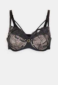Black bra with sheer lace cups featuring a geometric pattern, adjustable straps, and a gold ring detail at the center.