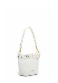 Valge nahast käekott struktureeritud kujundusega, millel on kuldse metalldetailiga pannal ja lõikega dekoratsioonid. Sile tekstuur ja minimaalne bränding.