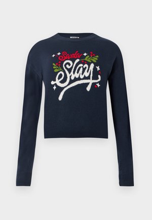Navy cropped sweater with long sleeves. Features white, red, and green embroidered text "Santa Slay" with holly accents. Soft knit texture.