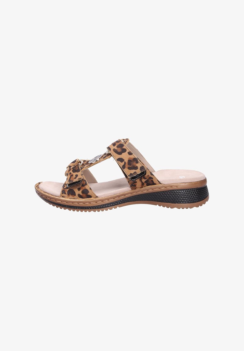 Leopardprint slip-on sandalen met brede banden, gevoerd voetbed en rubberen zool. Heeft gestikte details en verstelbare klittenbandsluitingen.