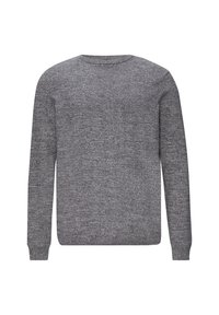 Grauer Langarmpullover aus strukturiertem Strickstoff. Verfügt über einen Rundhalsausschnitt und gerippte Bündchen, mit einem dezenten melierten Muster im gesamten Gewebe.
