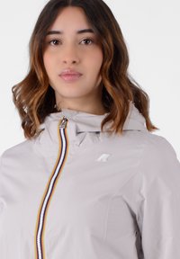 Giacca zip-up grigio chiaro con cappuccio, caratterizzata da una cerniera a strisce multicolori e un piccolo logo sul petto. Tessuto morbido.
