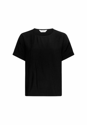 Black short-sleeve crew neck t-shirt with relaxed fit and slight sleeve gathers, displayed on a white background.