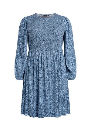 Plava cvjetna haljina od laganog tkanja. Ima duge rukave, okrugli izrez, struk s naborima i suknju koja se širi. Mali bijeli uzorci.