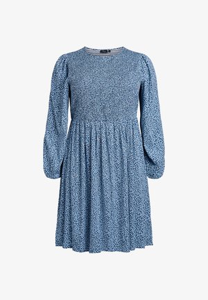 Sinist lillemustriga kleit, valmistatud kergest kangast. Omadusteks pikad varrukad, ümar kaelus, kogutud talje ja lehvivate servadega seelik. Väikesed valged mustrid.