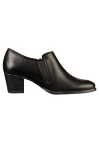 Chaussure pour femme en cuir noir à petit talon, avec un panneau élastique latéral et un bout arrondi, présentée sur un fond blanc.