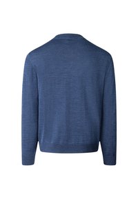 Maglione blu con maniche lunghe, orlo e polsini a costine. Texture lavorata a maglia con un sottile motivo melange. Design semplice con collo a giro, vista posteriore mostrata.