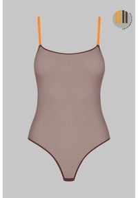 Bodysuit transparent marron avec de fines bretelles orange et un contour marron. Présente une texture rayée. Comprend une palette de couleurs dans le coin.