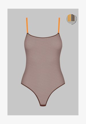 Bodysuit transparent marron avec de fines bretelles orange et un contour marron. Présente une texture rayée. Comprend une palette de couleurs dans le coin.