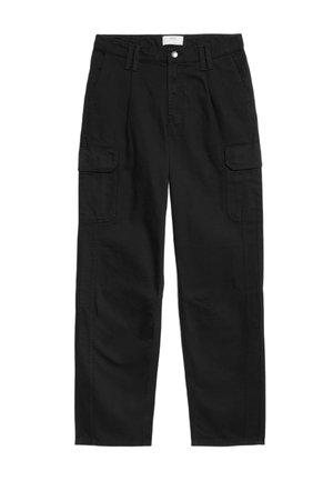 Pantalones cargo negros de algodón, con un corte relajado, dos bolsillos laterales y un cierre de botón en la cintura.