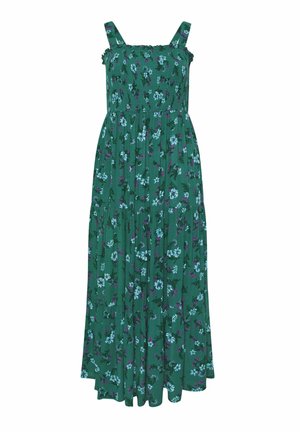 Robe maxi verte sans manches avec imprimé floral bleu et violet, encolure carrée et jupe fluide à volants.