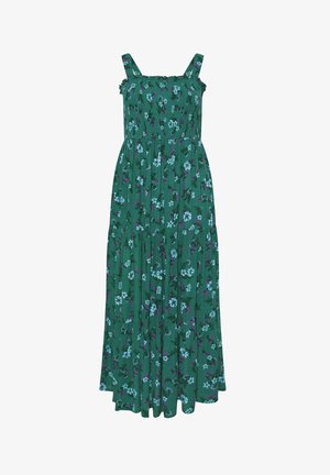 Zielona długa sukienka bez rękawów z niebiesko-fioletowym kwiatowym nadrukiem, kwadratowym dekoltem i warstwową, zwiewną spódnicą.