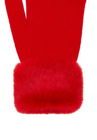 Rote Handschuhe mit einem gestrickten Körper und einer weichen, plüschigen roten Kunstpelzmanschette am Handgelenk, die Wärme und Komfort bieten.