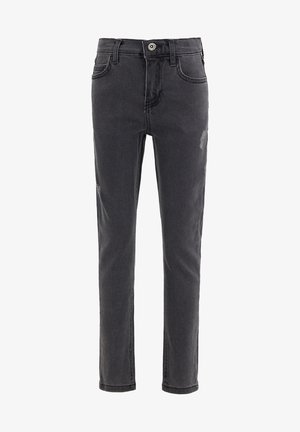 Sorte slim-fit jeans med knaplukning, lommer foran og bagpå samt subtile falmede detaljer på lårene.