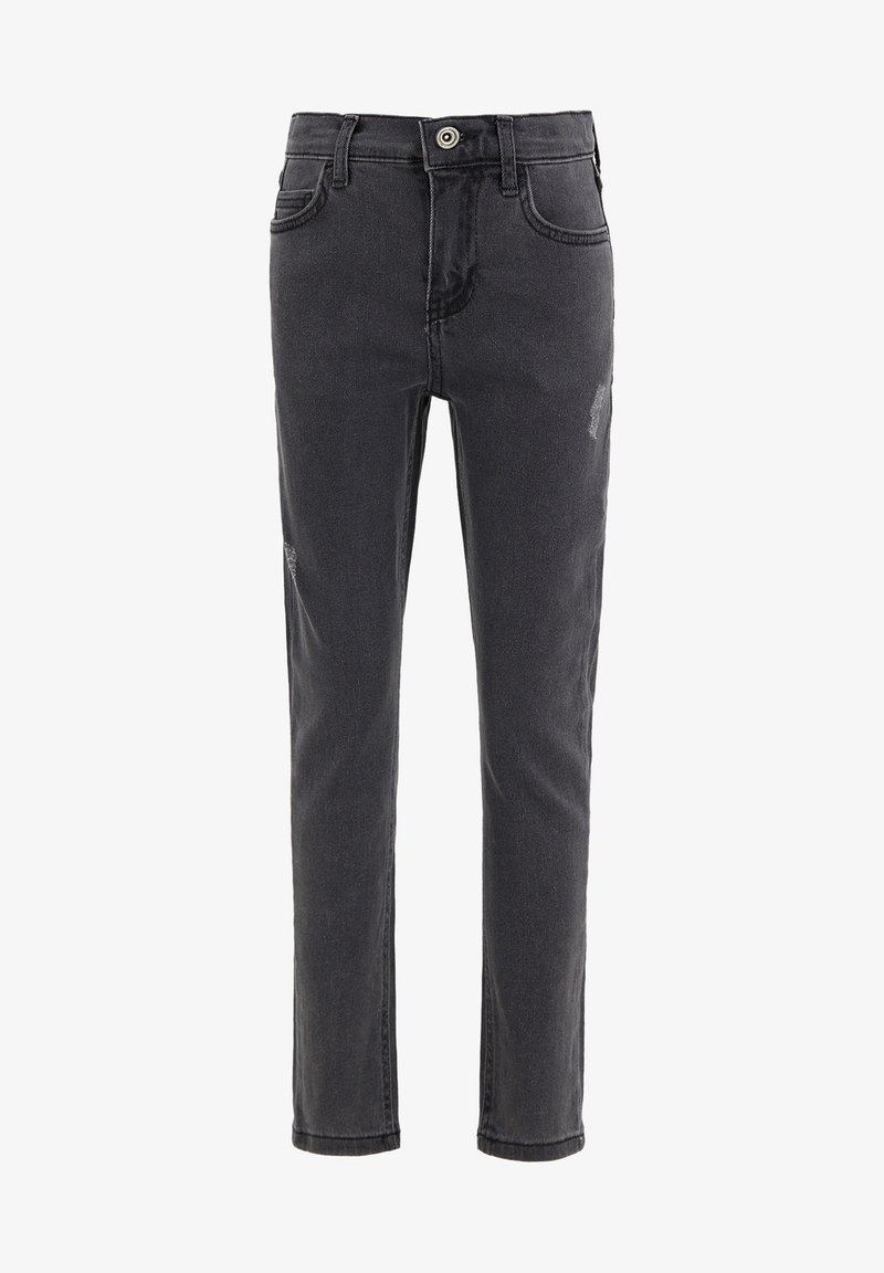 Jean noir slim-fit avec fermeture par boutons, poches avant et arrière, et détails subtilement délavés sur les cuisses.