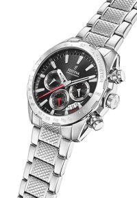 Orologio cronografo in acciaio inossidabile argentato con quadrante nero, tre quadranti secondari, scala tachimetrica e bracciale testurizzato con chiusura.