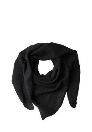Foulard triangulaire noir doux plié en forme circulaire avec tissu superposé et extrémités pointues visibles.