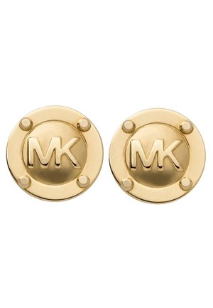 Ronde manchetknopen in goudkleur met verheven "MK" initialen en vier kleine cirkelvormige studs rondom de rand van elk stuk.