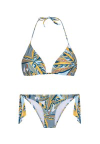 Bikini souprava s trojúhelníkovým topem, seřiditelnými šňůrkami a nízko střiženými kalhotkami s modro-žlutým květinovým vzorem na světlém pozadí.