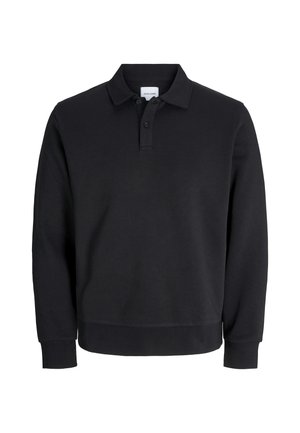 Zwarte polo met lange mouwen, gemaakt van een katoenmix, met een kraag, een drie-knopen sluiting, en ribgebreide manchetten en zoom.