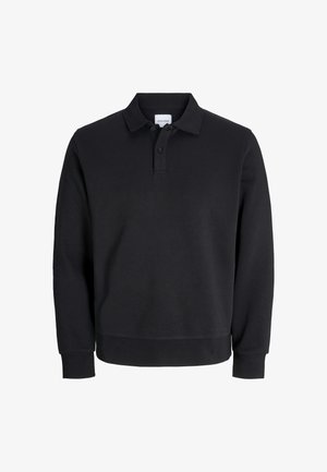Polo a maniche lunghe nera in misto cotone, con colletto, pattina con tre bottoni e polsini e orlo a coste.