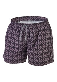 Black swim shorts with a geometric purple pattern, elastic waistband, adjustable drawstring, and mesh lining for comfort.