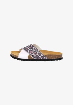 Leopardenmuster Slide-Sandalen mit einem pinken Metallic-Riemen, Korkfußbett und einer flexiblen schwarzen Gummisohle.