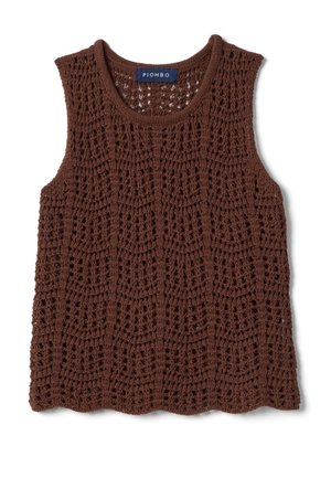 Top marrón sin mangas de crochet con patrón calado y escote redondo, con etiqueta de la marca Piombo en la parte trasera del cuello.